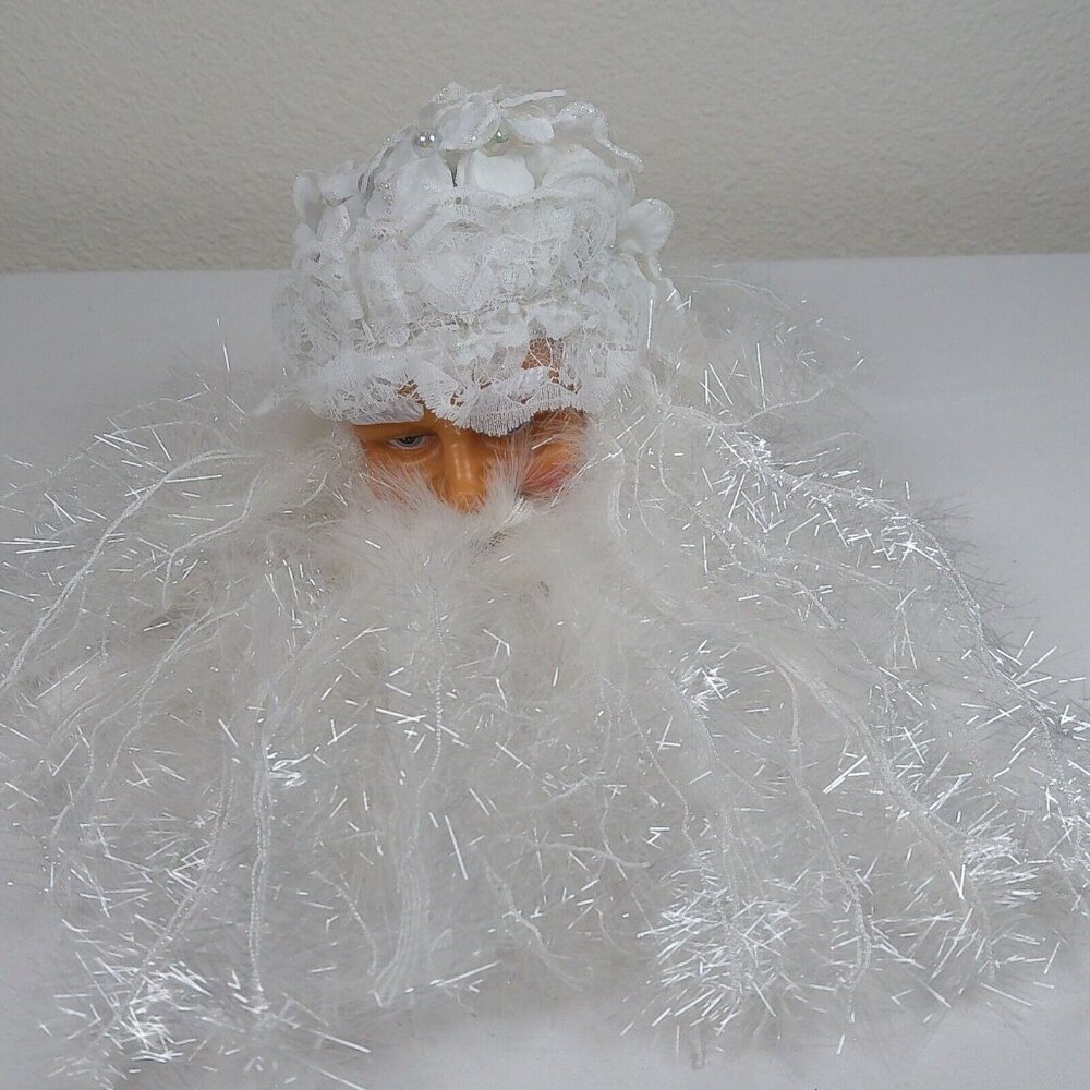Santa Claus Head Christmas Ornament Sparkly Beard White Flower Hat Plastic FLAW
